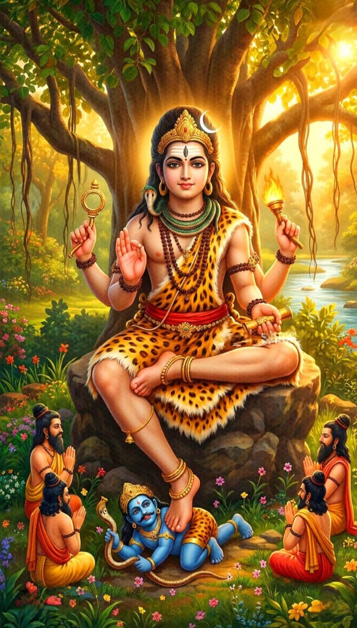 Lord Dakshinamurthy — Shiva as the cosmic teacher, seated beneath the banyan tree